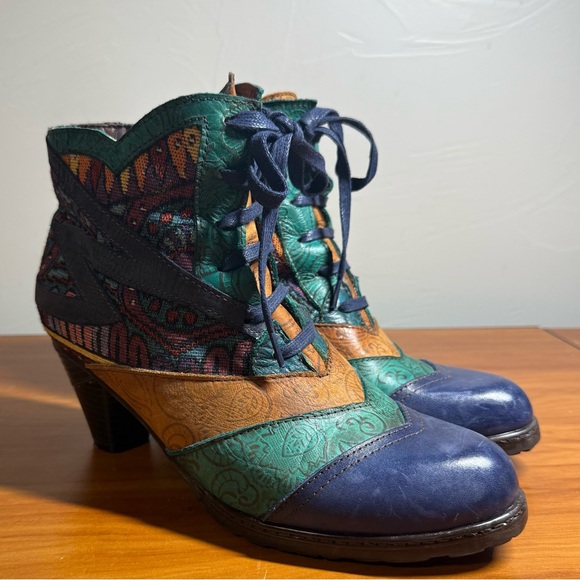 Socofy Bohemian Splicing Pattern Leather Ankle Boots Side Zip Lace Up Brocade 39 - Picture 3 of 8